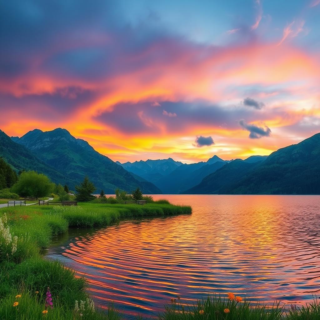 An enchanting landscape featuring a serene lake surrounded by majestic mountains under a dramatic sky