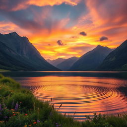 An enchanting landscape featuring a serene lake surrounded by majestic mountains under a dramatic sky