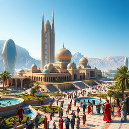 A futuristic vision of Iran set in the Aryan era, showcasing a vibrant landscape with advanced architecture that integrates traditional Persian elements