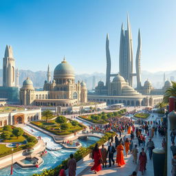 A futuristic vision of Iran set in the Aryan era, showcasing a vibrant landscape with advanced architecture that integrates traditional Persian elements