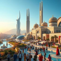 A futuristic vision of Iran set in the Aryan era, showcasing a vibrant landscape with advanced architecture that integrates traditional Persian elements