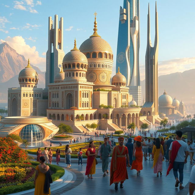 A futuristic vision of Iran set in the Aryan era, showcasing a vibrant landscape with advanced architecture that integrates traditional Persian elements