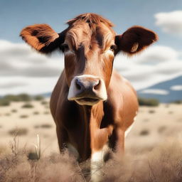 A high-quality, hyper-realistic digital art image featuring a brown cow in a natural setting