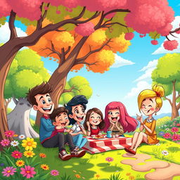 A vibrant and playful cartoon scene depicting a whimsical landscape, with colorful cartoon trees, bright flowers, and a clear blue sky