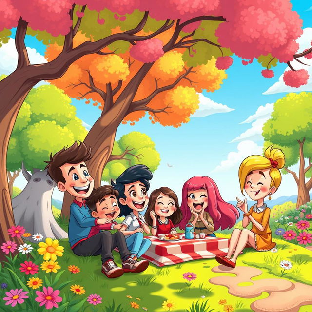 A vibrant and playful cartoon scene depicting a whimsical landscape, with colorful cartoon trees, bright flowers, and a clear blue sky