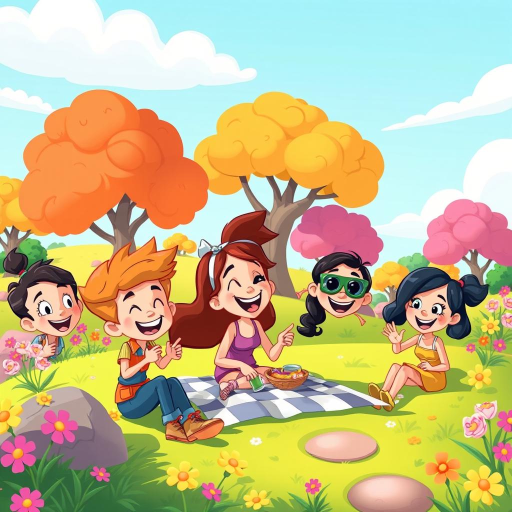 A vibrant and playful cartoon scene depicting a whimsical landscape, with colorful cartoon trees, bright flowers, and a clear blue sky