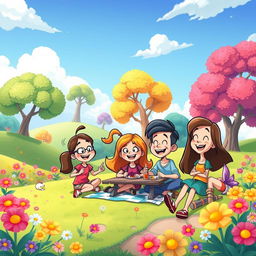 A vibrant and playful cartoon scene depicting a whimsical landscape, with colorful cartoon trees, bright flowers, and a clear blue sky