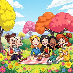 A vibrant and playful cartoon scene depicting a whimsical landscape, with colorful cartoon trees, bright flowers, and a clear blue sky