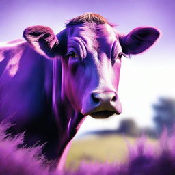 A high-quality, hyper-realistic digital art image presenting a unique purple cow in a natural environment