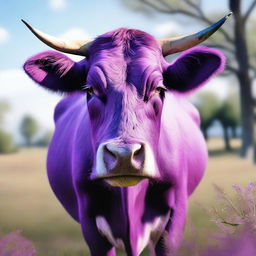 A high-quality, hyper-realistic digital art image presenting a unique purple cow in a natural environment