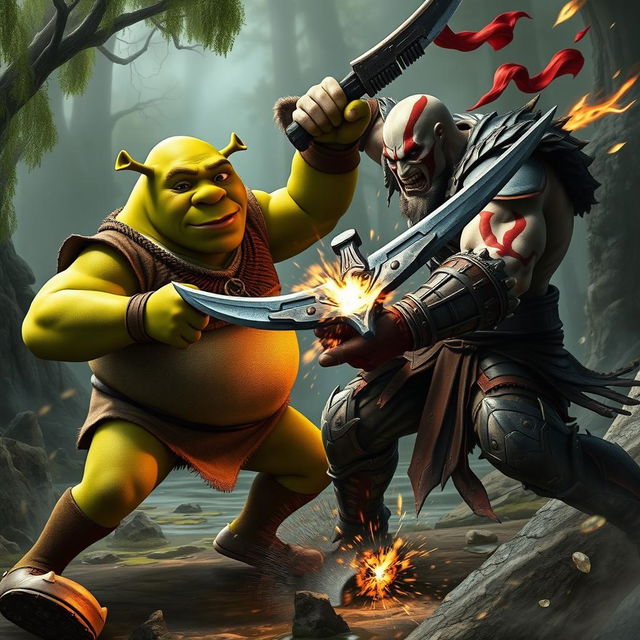 A dynamic and intense scene showing Shrek, the beloved green ogre, engaged in an epic battle with Kratos, the fierce and powerful god of war