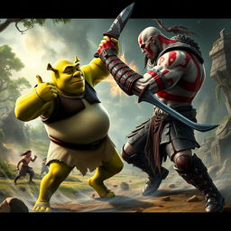 A dynamic and intense scene showing Shrek, the beloved green ogre, engaged in an epic battle with Kratos, the fierce and powerful god of war