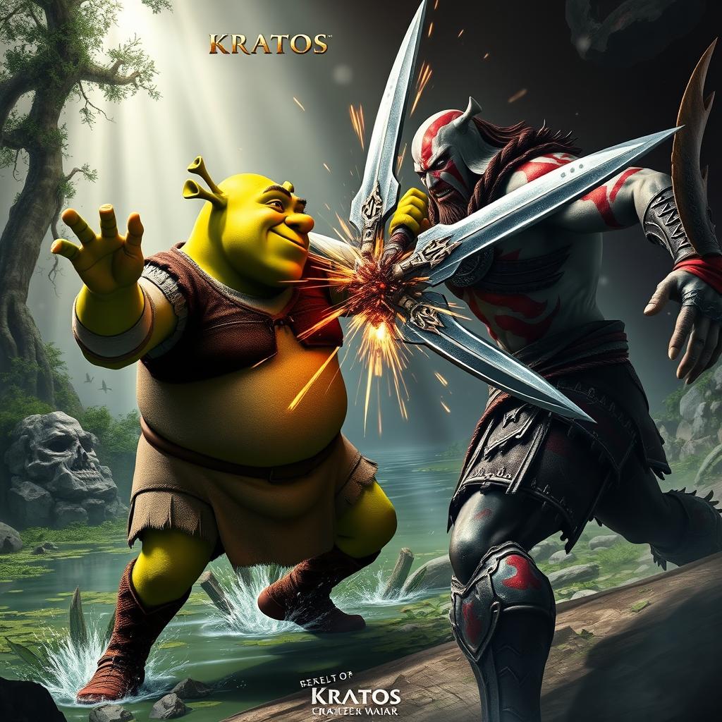 A dynamic and intense scene showing Shrek, the beloved green ogre, engaged in an epic battle with Kratos, the fierce and powerful god of war