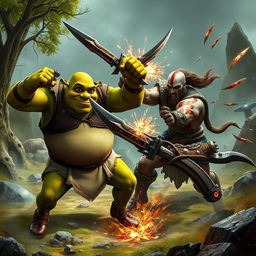 A dynamic and intense scene showing Shrek, the beloved green ogre, engaged in an epic battle with Kratos, the fierce and powerful god of war