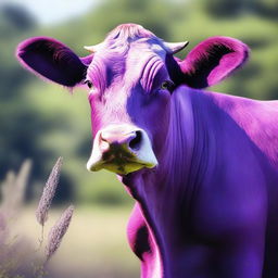 A high-quality, hyper-realistic digital art image presenting a unique purple cow in a natural environment