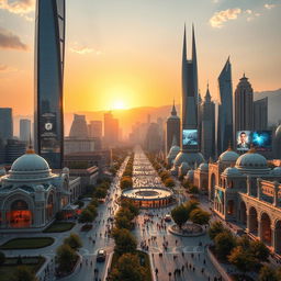 A futuristic vision of Tehran under the Shah, showcasing a blend of modern architectural marvels with traditional Persian designs