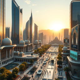A futuristic vision of Tehran under the Shah, showcasing a blend of modern architectural marvels with traditional Persian designs