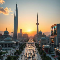 A futuristic vision of Tehran under the Shah, showcasing a blend of modern architectural marvels with traditional Persian designs