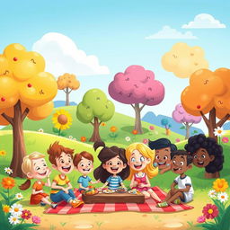 A vibrant and playful cartoon scene depicting a whimsical landscape, featuring colorful cartoon trees, bright flowers, and a clear blue sky