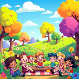 A vibrant and playful cartoon scene depicting a whimsical landscape, featuring colorful cartoon trees, bright flowers, and a clear blue sky