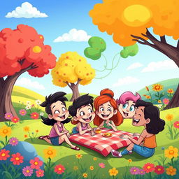 A vibrant and playful cartoon scene depicting a whimsical landscape, featuring colorful cartoon trees, bright flowers, and a clear blue sky