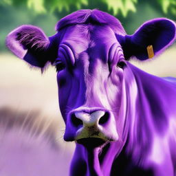 A high-quality, hyper-realistic digital art image presenting a unique purple cow in a natural environment