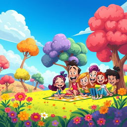 A vibrant and playful cartoon scene depicting a whimsical landscape, featuring colorful cartoon trees, bright flowers, and a clear blue sky