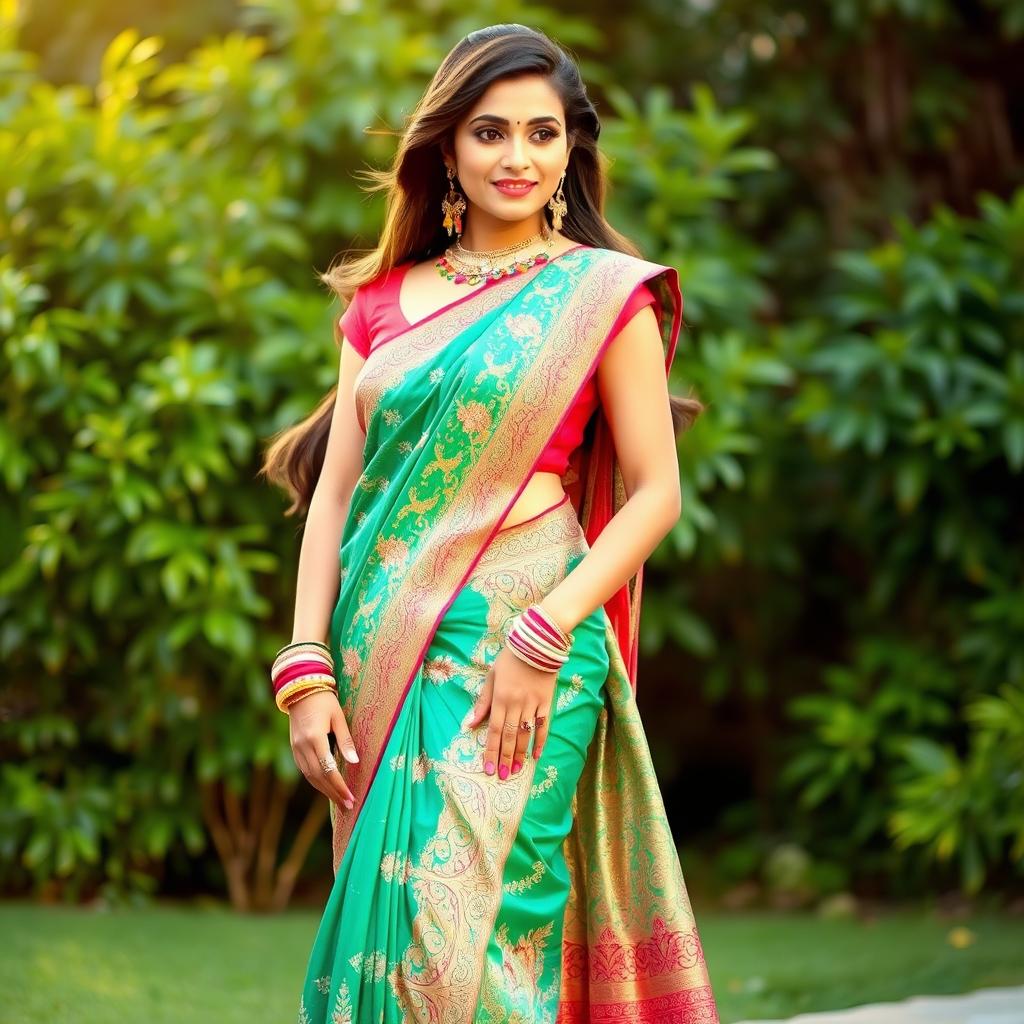 A beautiful Indian woman wearing a stunning, intricately designed saree in vibrant colors