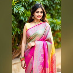 A beautiful Indian woman wearing a stunning, intricately designed saree in vibrant colors