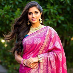 A beautiful Indian woman wearing a stunning, intricately designed saree in vibrant colors