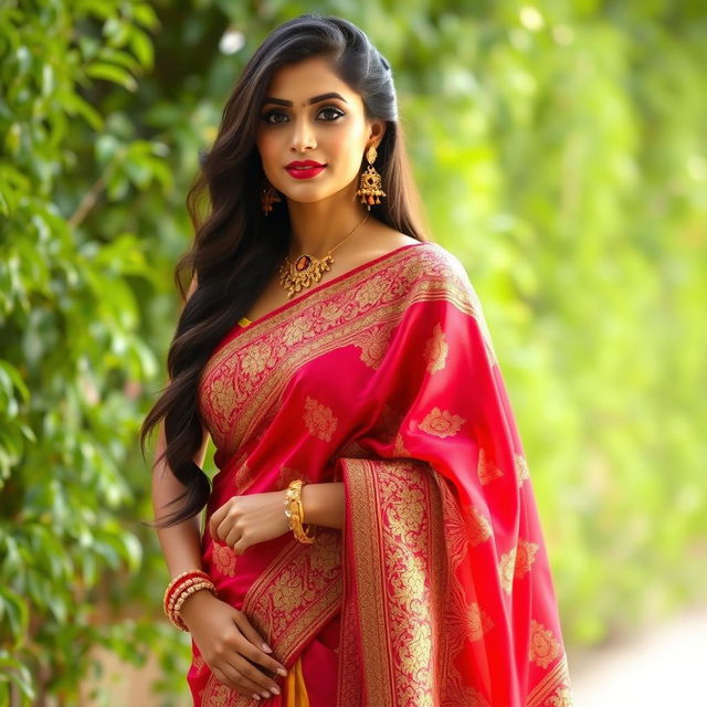 A beautiful Indian woman wearing a stunning, intricately designed saree in vibrant colors