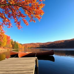 A picturesque autumn landscape featuring a serene lake surrounded by vibrant fall foliage