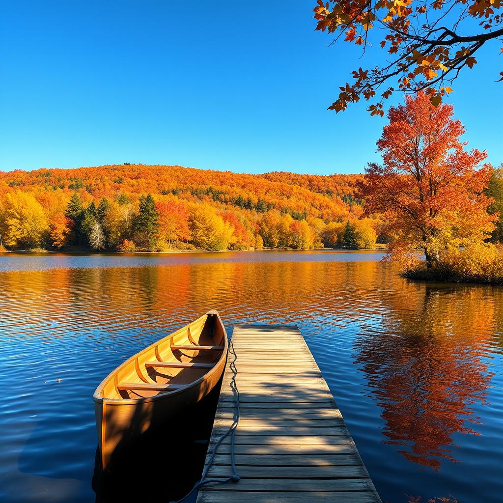 A picturesque autumn landscape featuring a serene lake surrounded by vibrant fall foliage