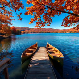 A picturesque autumn landscape featuring a serene lake surrounded by vibrant fall foliage