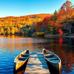 A picturesque autumn landscape featuring a serene lake surrounded by vibrant fall foliage