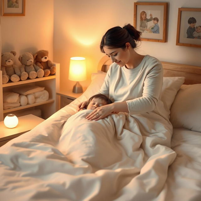 A serene and intimate scene of a mother gently putting her child to sleep