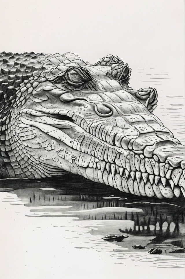 This is a high-quality image of a detailed pen drawing of a crocodile