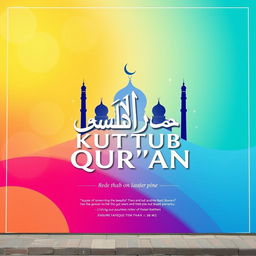 A large advertisement design for a mosque named KUTTUB QUR'AN, featuring vibrant colors and Islamic motifs