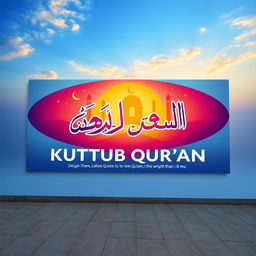 A large advertisement design for a mosque named KUTTUB QUR'AN, featuring vibrant colors and Islamic motifs