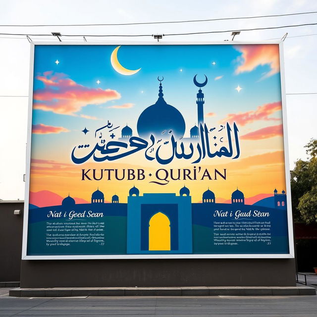 A large advertisement design for a mosque named KUTTUB QUR'AN, featuring vibrant colors and Islamic motifs