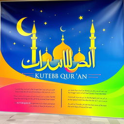A large advertisement design for a mosque named KUTTUB QUR'AN, featuring vibrant colors and Islamic motifs