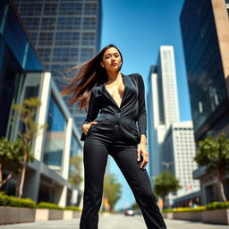 A sleek and slender model posing confidently in a modern urban environment, dressed in minimalist fashion with a fitted, straight-cut outfit that highlights their tall and lean physique
