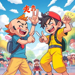 A stunning and vibrant artwork capturing the intensity of a game of Rock, Paper, Scissors (خدای مشت) being played by two characters in a lively environment