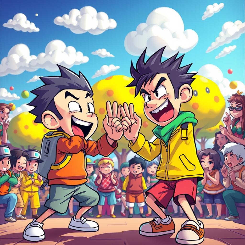 A stunning and vibrant artwork capturing the intensity of a game of Rock, Paper, Scissors (خدای مشت) being played by two characters in a lively environment