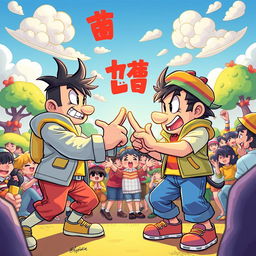 A stunning and vibrant artwork capturing the intensity of a game of Rock, Paper, Scissors (خدای مشت) being played by two characters in a lively environment