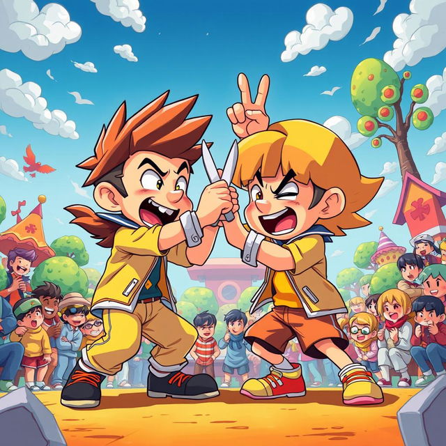 A stunning and vibrant artwork capturing the intensity of a game of Rock, Paper, Scissors (خدای مشت) being played by two characters in a lively environment