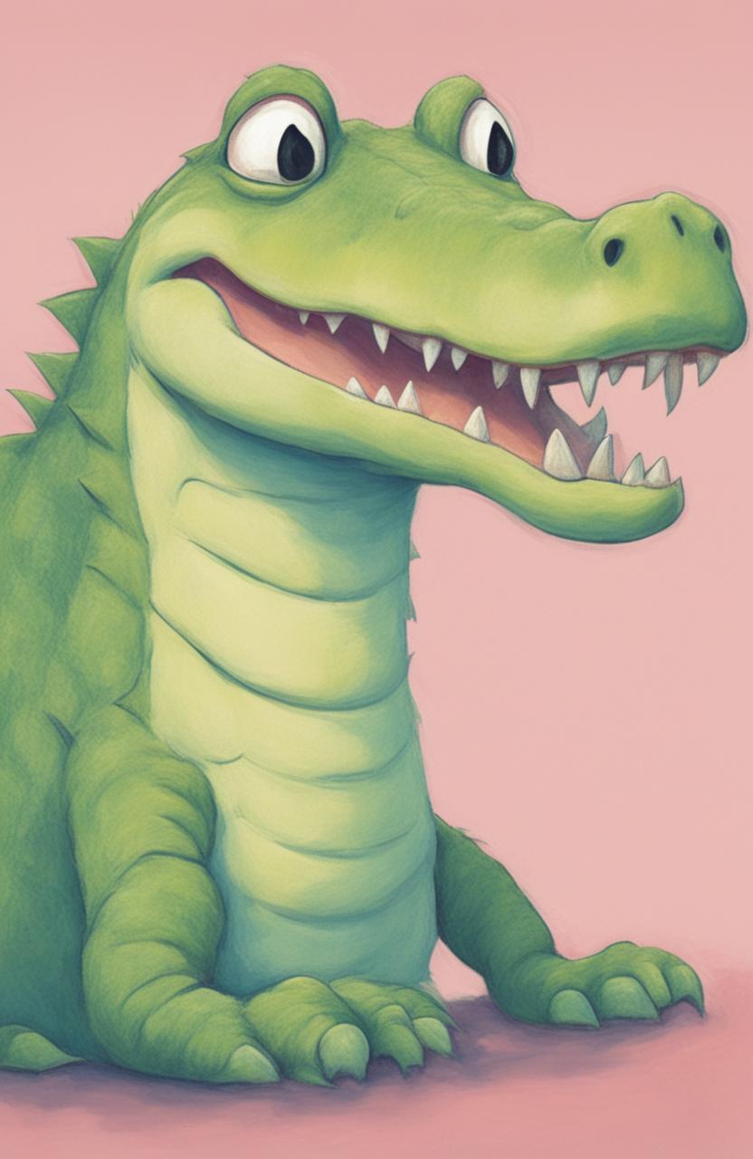 This high-quality image is a whimsical pastel drawing of a crocodile, inspired by Wes Anderson's distinctive style