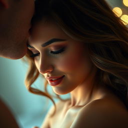 A close-up view of a beautiful, sexy woman with alluring features and a confident expression, engaging in an intimate moment with soft lighting that creates a sensual atmosphere