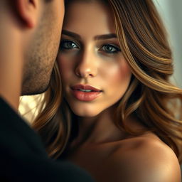 A close-up view of a beautiful, sexy woman with alluring features and a confident expression, engaging in an intimate moment with soft lighting that creates a sensual atmosphere