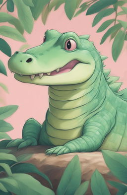 This high-quality image is a whimsical pastel drawing of a crocodile, inspired by Wes Anderson's distinctive style